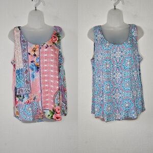 Tolani Feathers Reversible Boho Patchwork Floral & Tile Print Tank Top Blouse